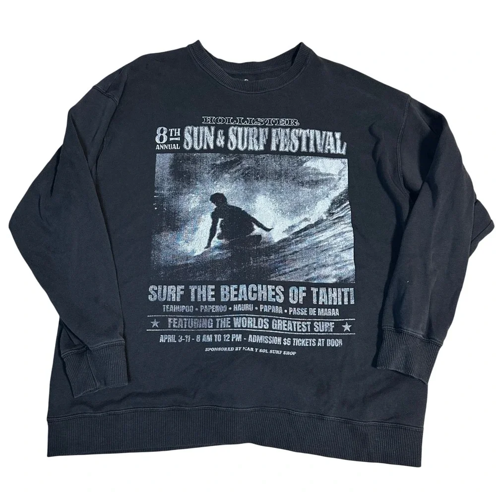 Hollister Sun Surf Festival Sweatshirt Graphic Print Crewneck Long Sleeve Black - Picture 1 of 6